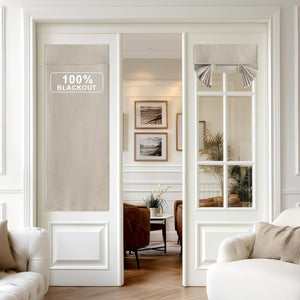 Beige 100% blackout door panel and tie-up roman valance on white French doors.