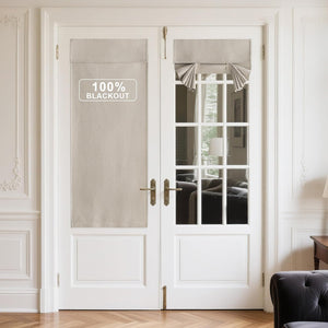 Beige blackout shades on white French doors; one full panel, one decorative roman style.