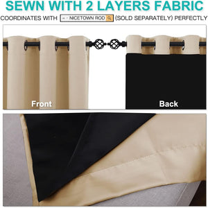 Beige two-layer blackout grommet curtains with black backing shown hanging on a decorative rod