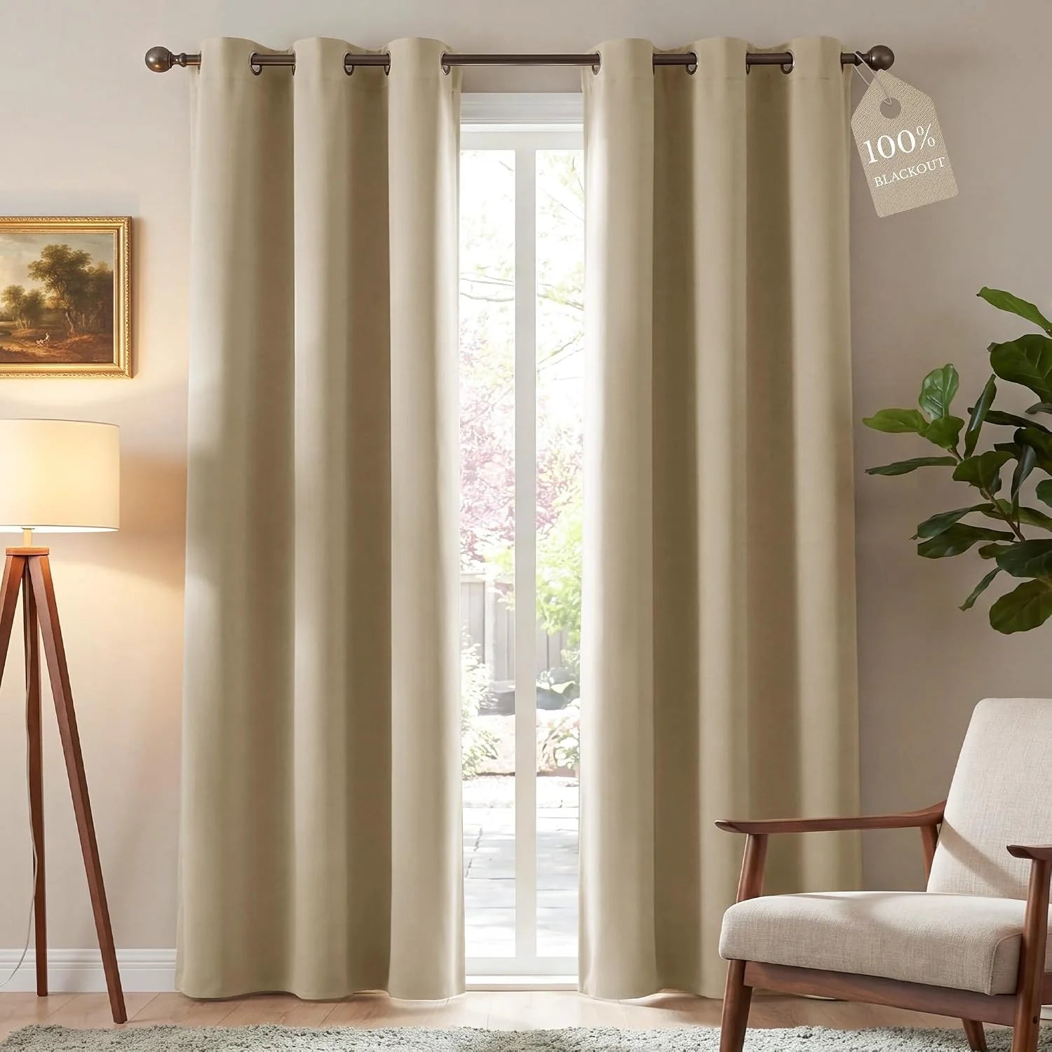 Light beige blackout curtains with grommet tops in a modern living room setting.