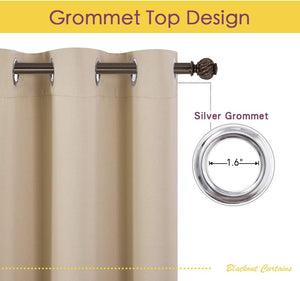 Beige blackout curtain detail showing silver grommets, 1.6-inch inner diameter, and a dark brown rod.
