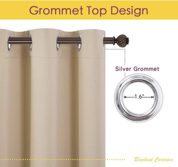 Beige blackout curtain detail showing silver grommets, 1.6-inch inner diameter, and a dark brown rod.