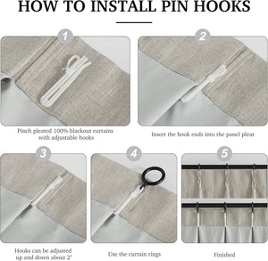 Instructions for attaching white pin hooks to beige textured pinch pleat blackout curtains.