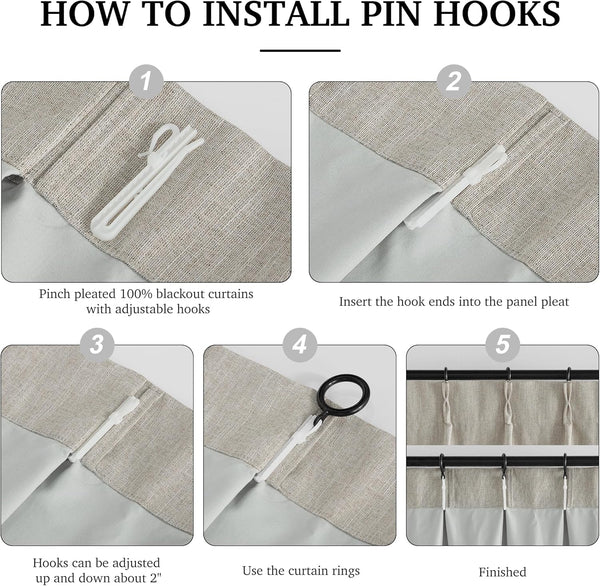 Instructions for attaching white pin hooks to beige textured pinch pleat blackout curtains.