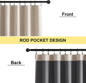 Beige linen-look curtain front; dark gray blackout back. Versatile rod pocket design shown with clip rings.