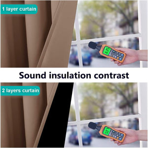 Beige two-layer soundproof curtain shows noise reduction from 63.5dB to 50.7dB.