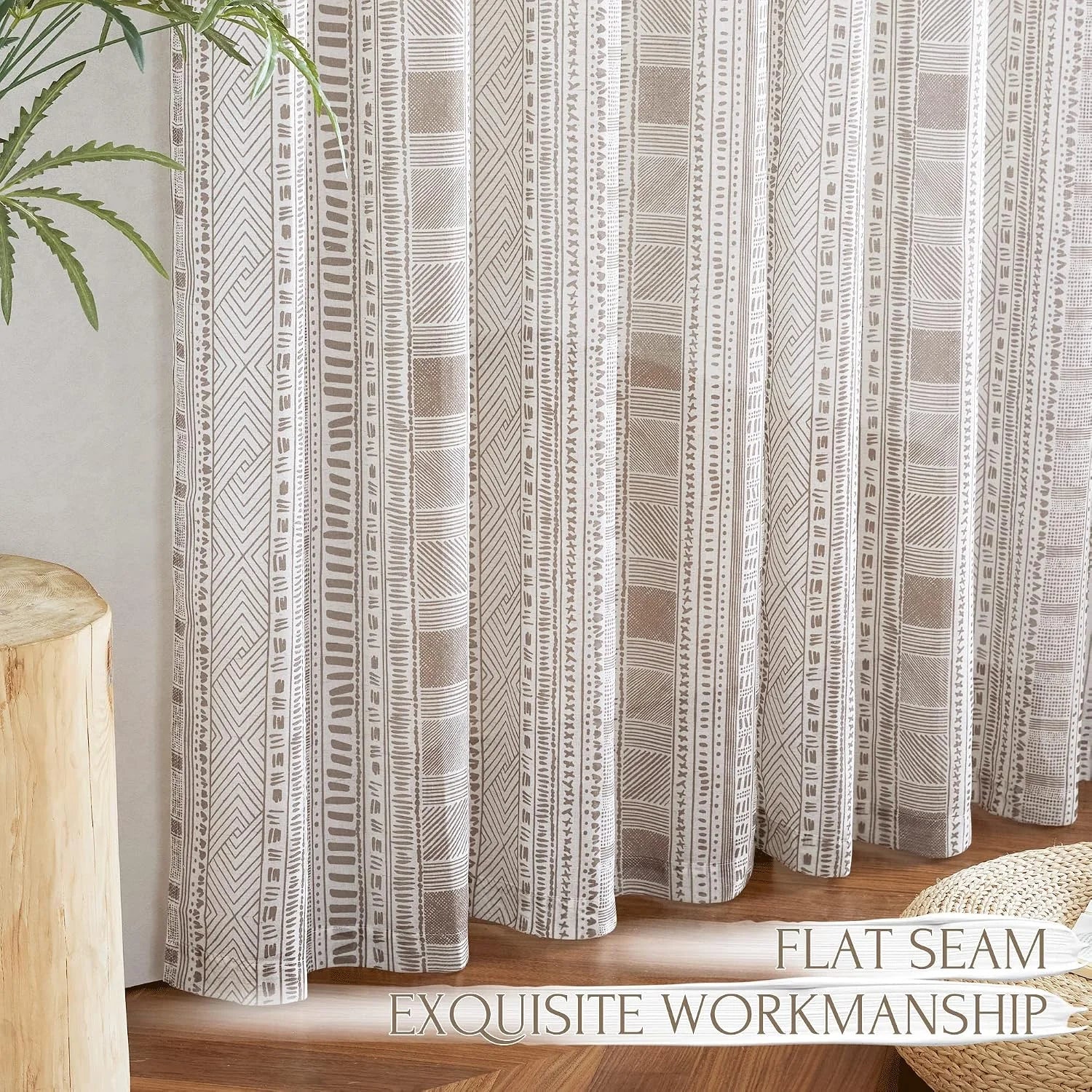Beige boho geometric curtain panel with flat seam detail in a warm neutral room