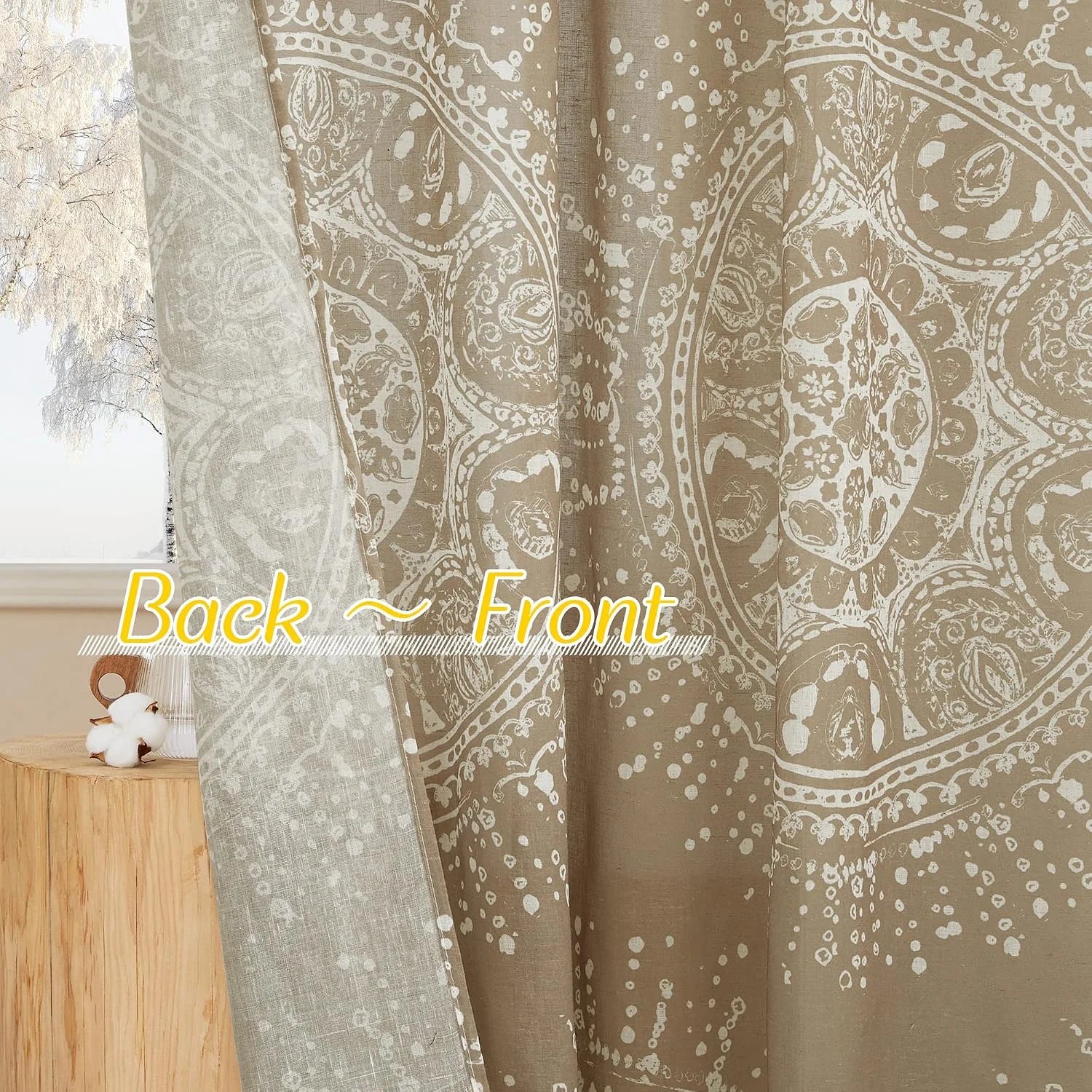 Beige boho patterned linen curtain showing front and back fabric textures by window