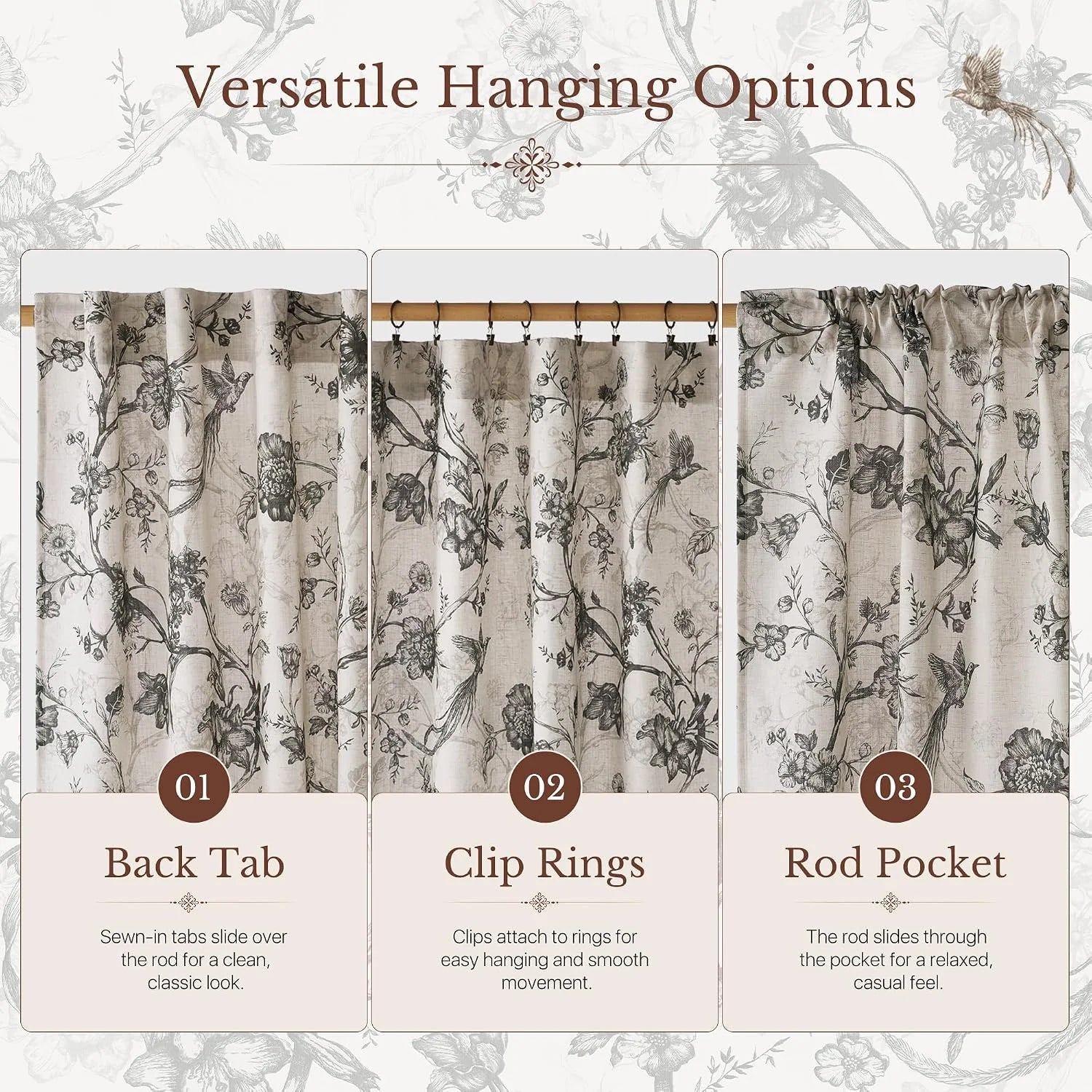 Beige floral bird print curtains showing back tab, clip rings, and rod pocket hanging options