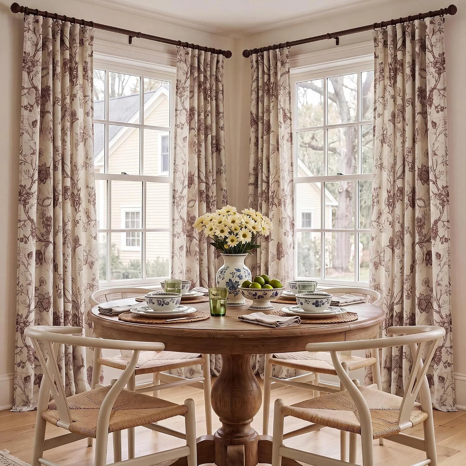 Beige floral curtains on dark rods framing corner dining room windows