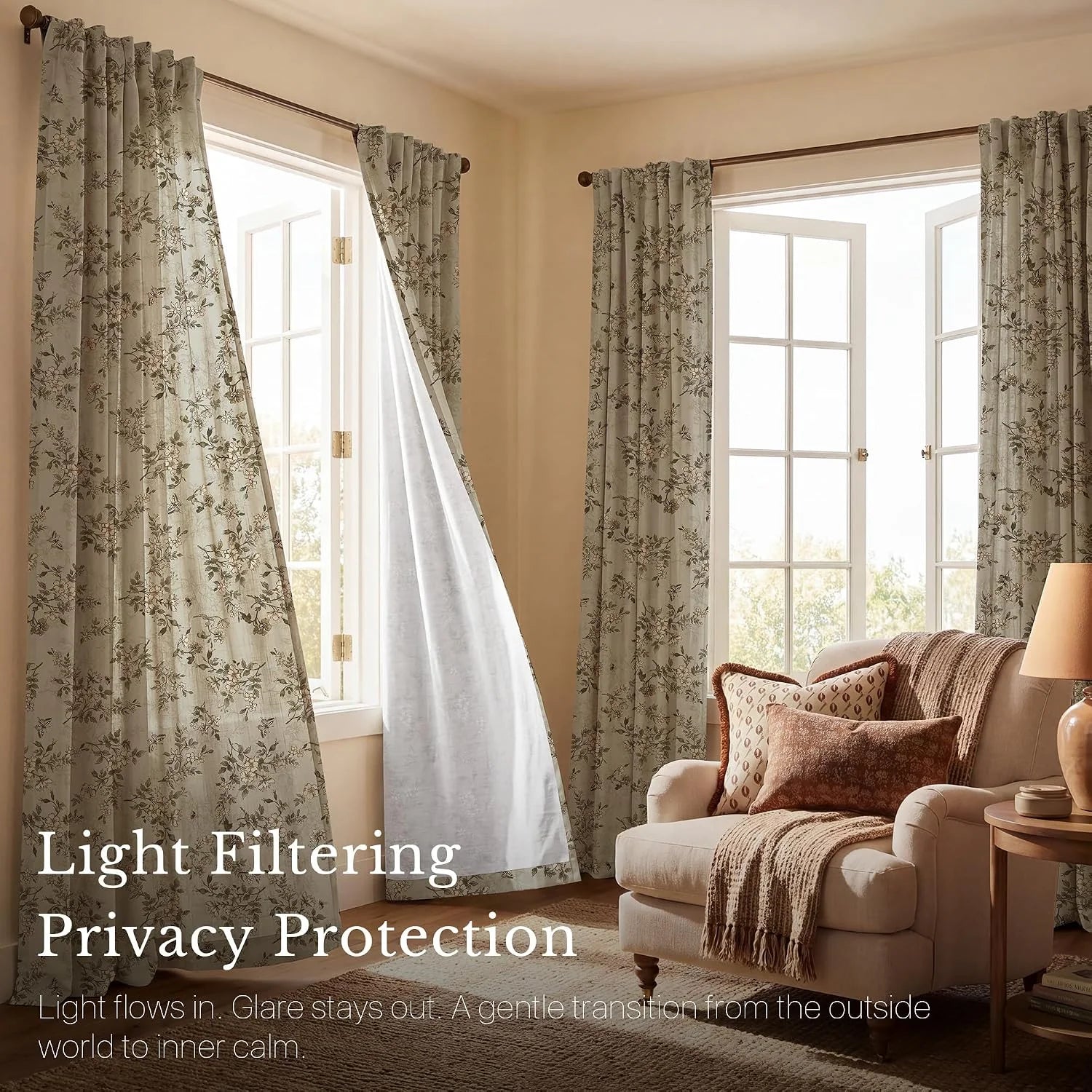 Beige botanical light filtering curtains in a cozy living room with armchair