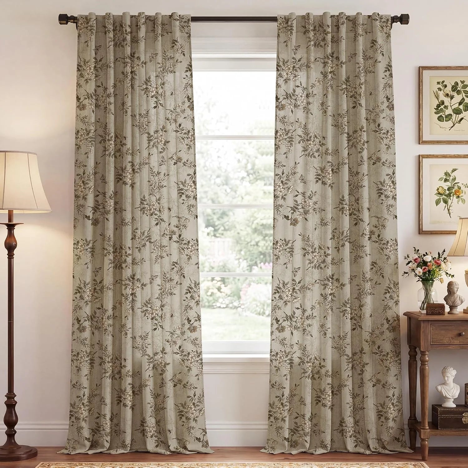 Beige botanical print linen curtains hanging in a warm traditional living room