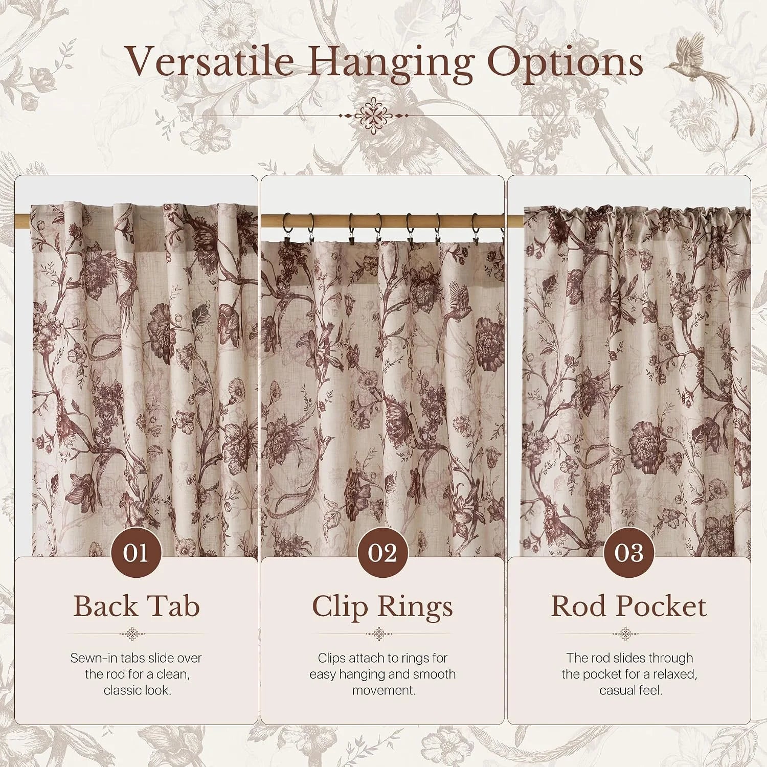 Beige floral curtain panel showing back tab, clip rings, and rod pocket styles