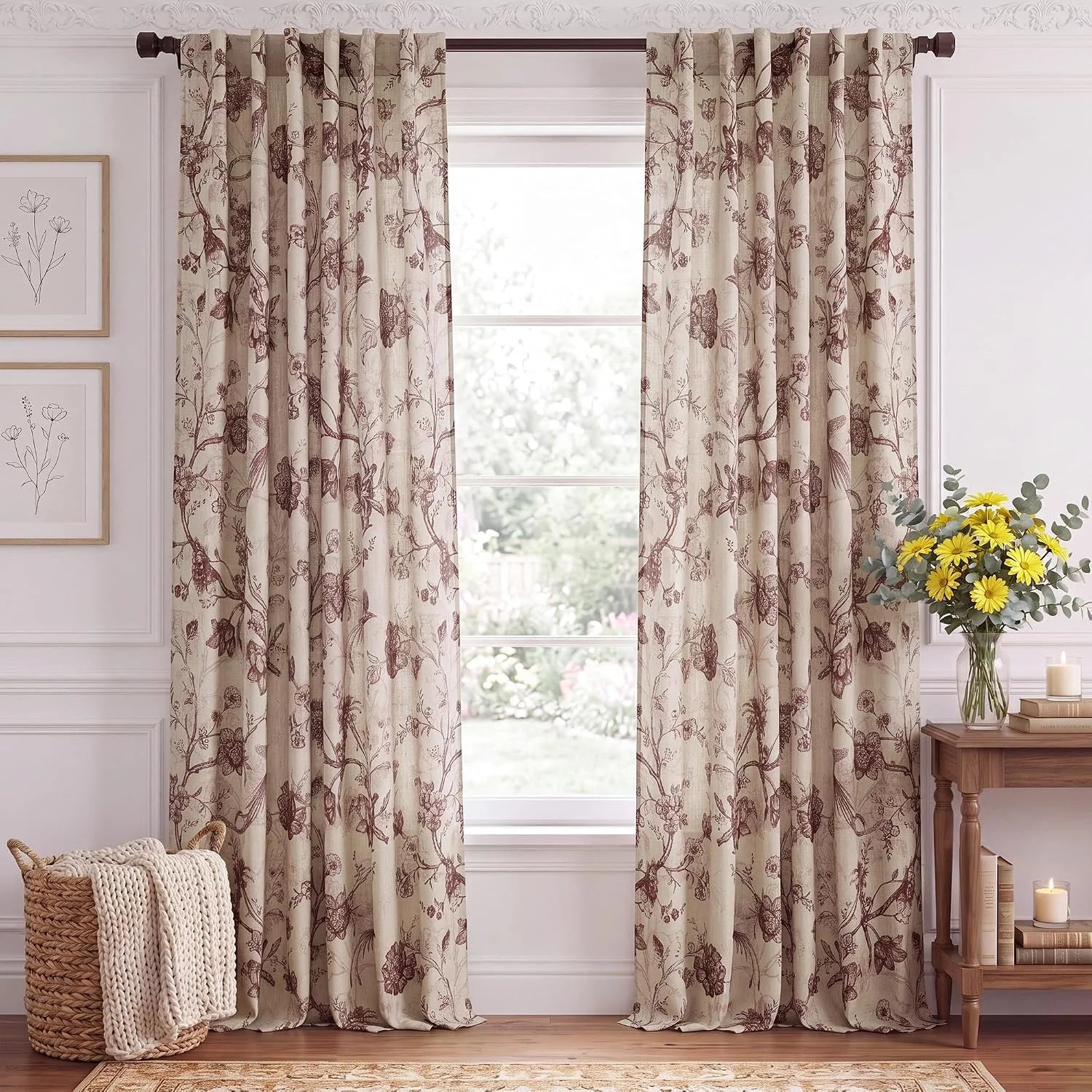 Beige curtains with brown floral print hanging in a bright traditional living room