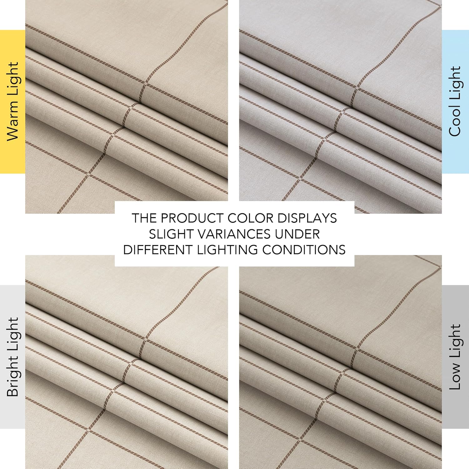 Beige fabric with brown grid, showing subtle color changes in warm, cool, bright, and low light.