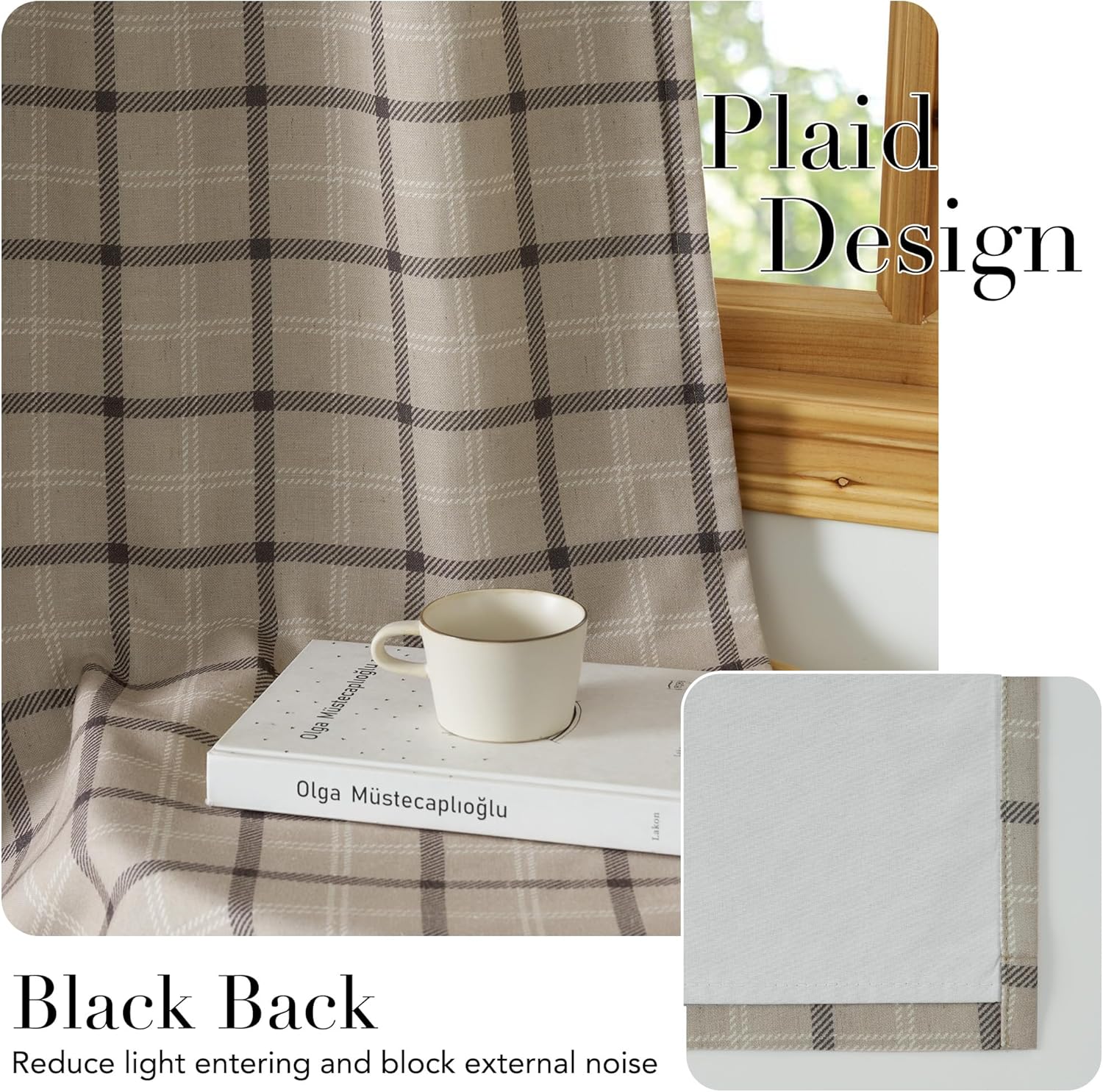 Beige and brown plaid window curtain with a light-colored textured blackout lining, hanging by a window.