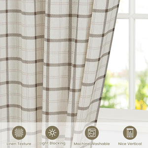 Beige and brown plaid linen texture curtains with light-blocking feature, hanging by a window.
