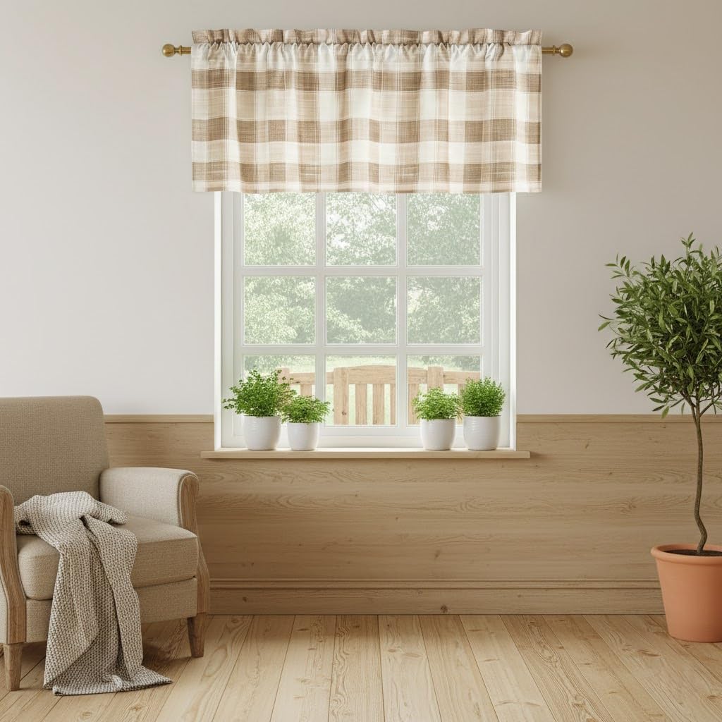 Beige and brown plaid rod pocket window valance hanging above a white framed window.