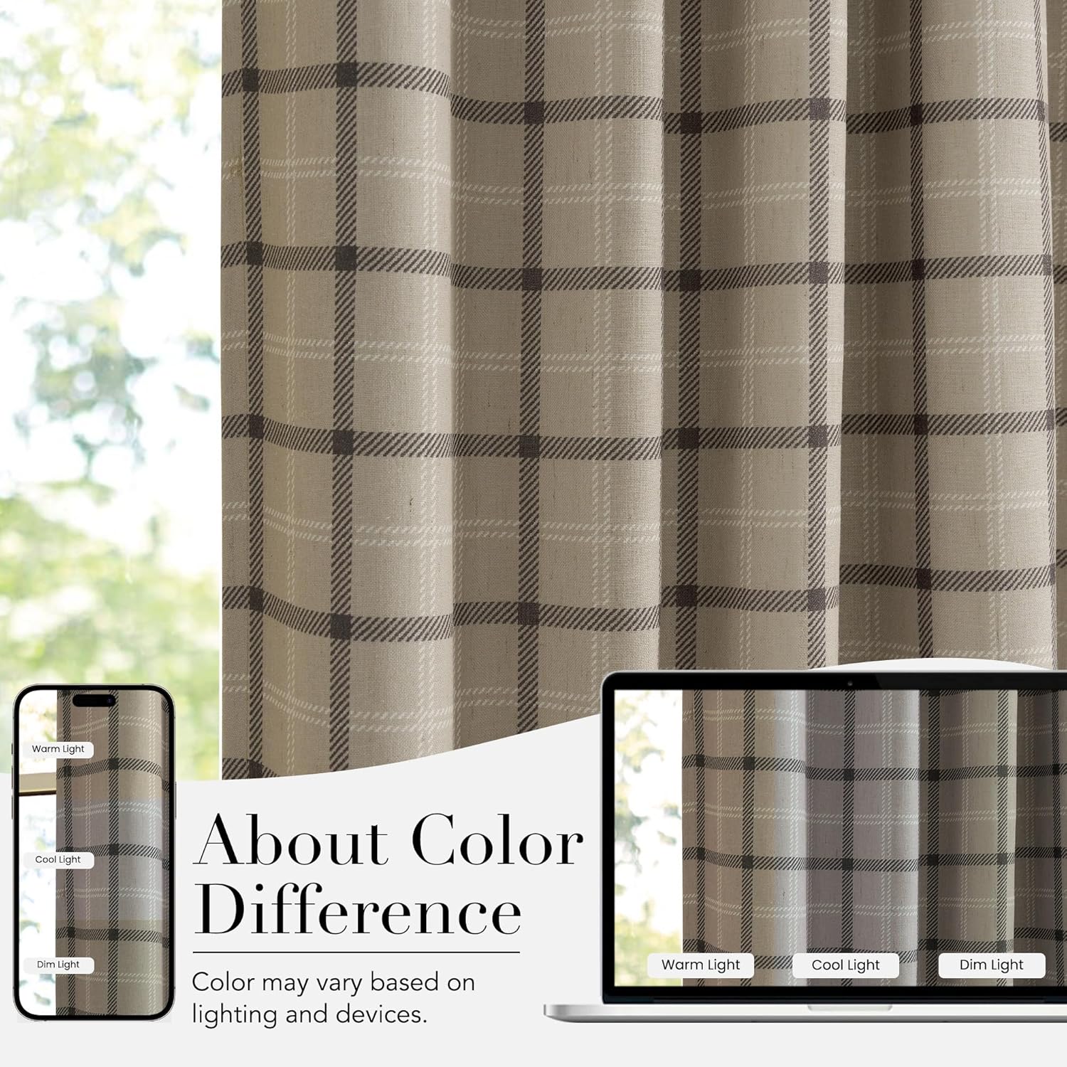 Beige and brown woven plaid window curtain showing a textured fabric with subtle white lines.