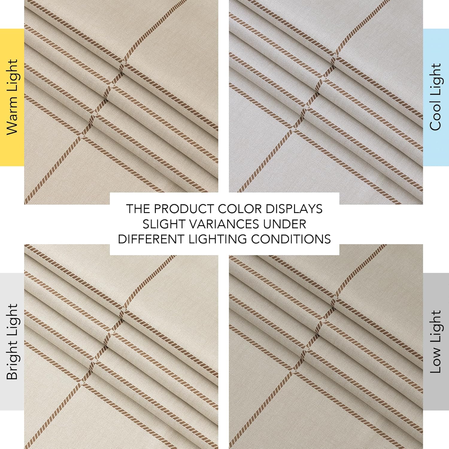 Light beige textured fabric with brown diagonal stripes, shown under warm, cool, bright, and low lighting.