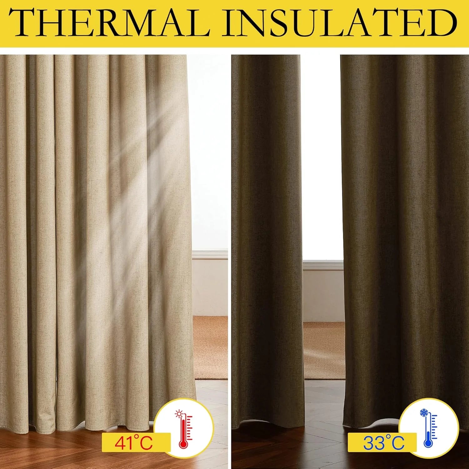 Beige and brown thermal insulated curtains shown side by side in a bright room