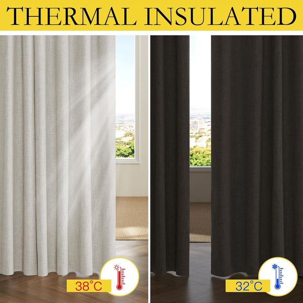 Two panels of textured linen-look curtains in off-white and dark brown, demonstrating thermal insulation.