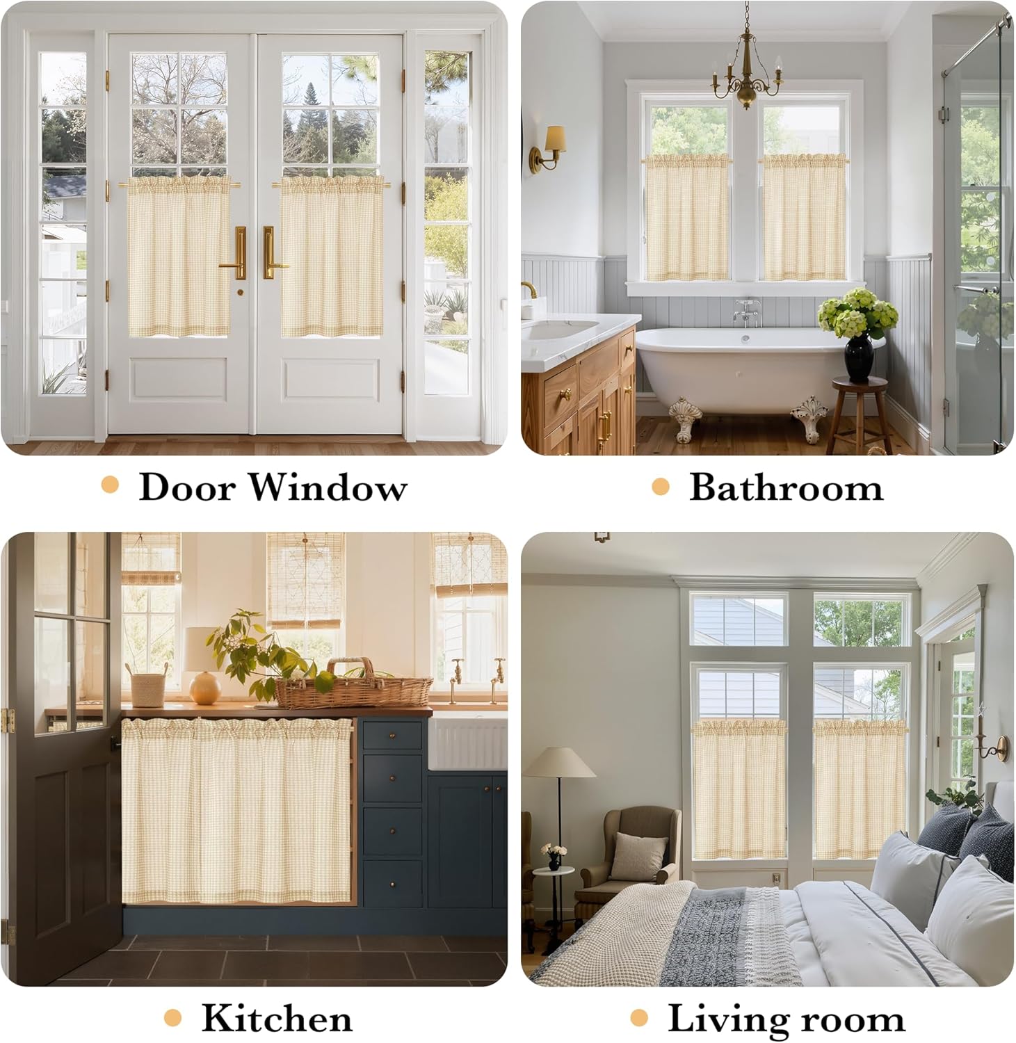 Beige checkered cafe curtains with a ruffled gathered top, offering privacy for various home windows.