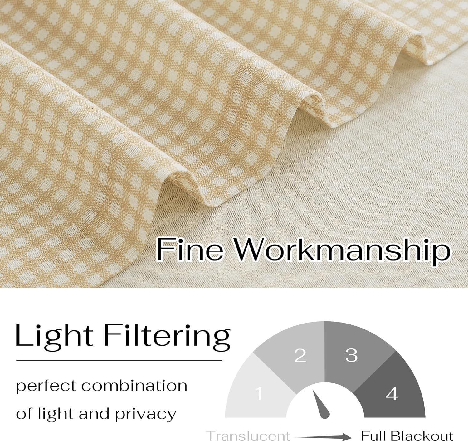 Close-up of beige and off-white checkered woven fabric, showing light filtering and fine workmanship.