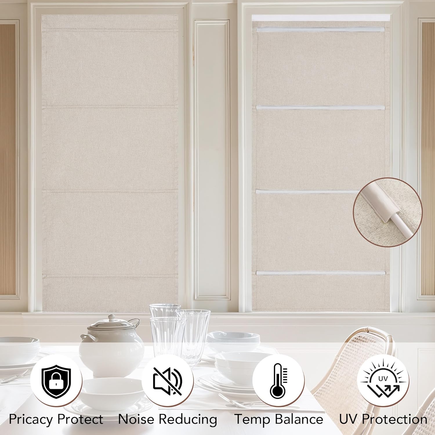 Light beige textured fabric cordless window shades with horizontal folds, installed in a white window frame.