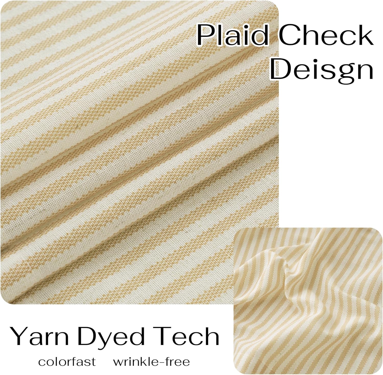 Beige and cream yarn-dyed woven fabric with a fine striped pattern. Features colorfast, wrinkle-free.
