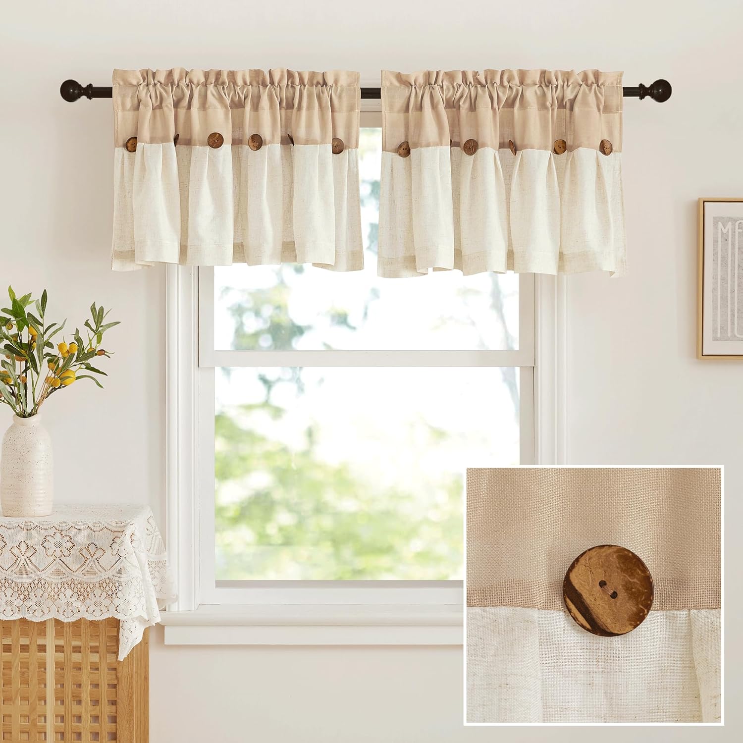 Rustic two-tone beige and cream linen window valance with large decorative wooden buttons.