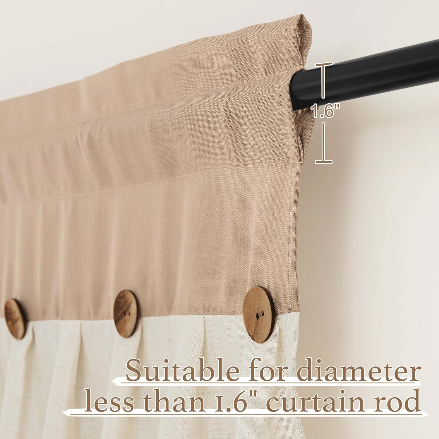 Two-tone beige and cream linen curtain with wooden button accents and rod pocket top.