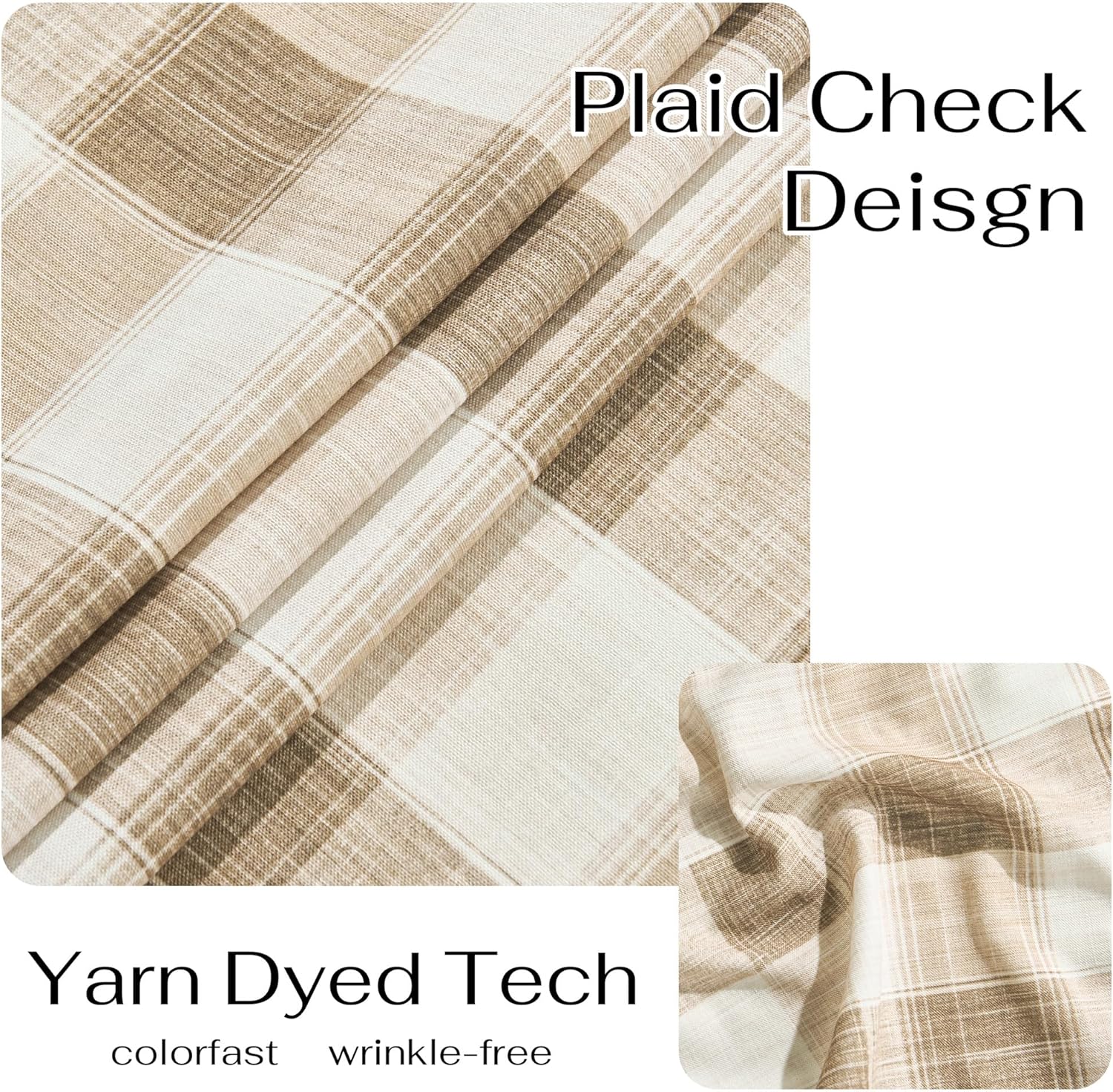 Close-up of a soft, folded beige and cream plaid check fabric, featuring a natural yarn-dyed weave.
