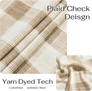 Close-up of a soft, folded beige and cream plaid check fabric, featuring a natural yarn-dyed weave.