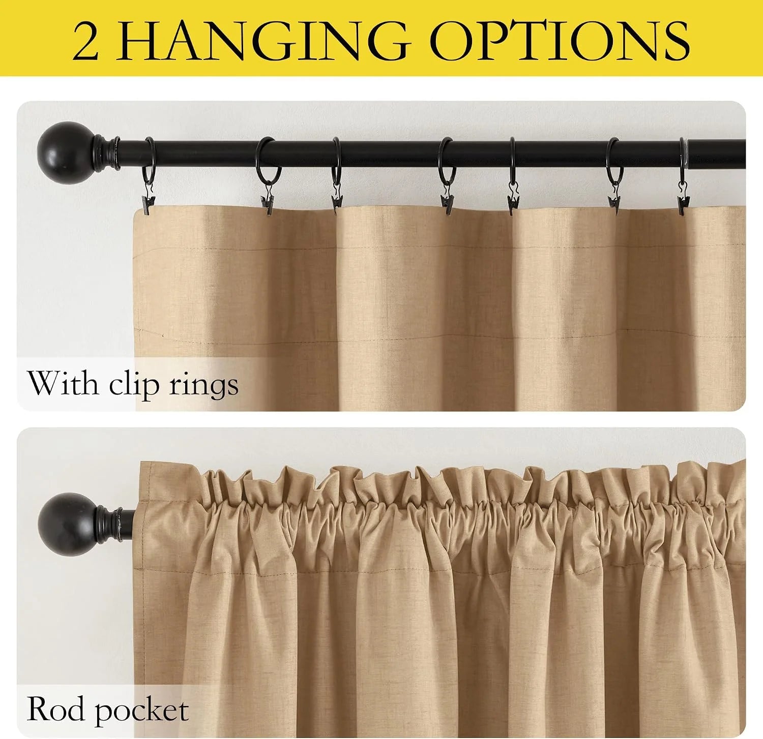 Beige curtain panel shown with clip rings and rod pocket hanging options