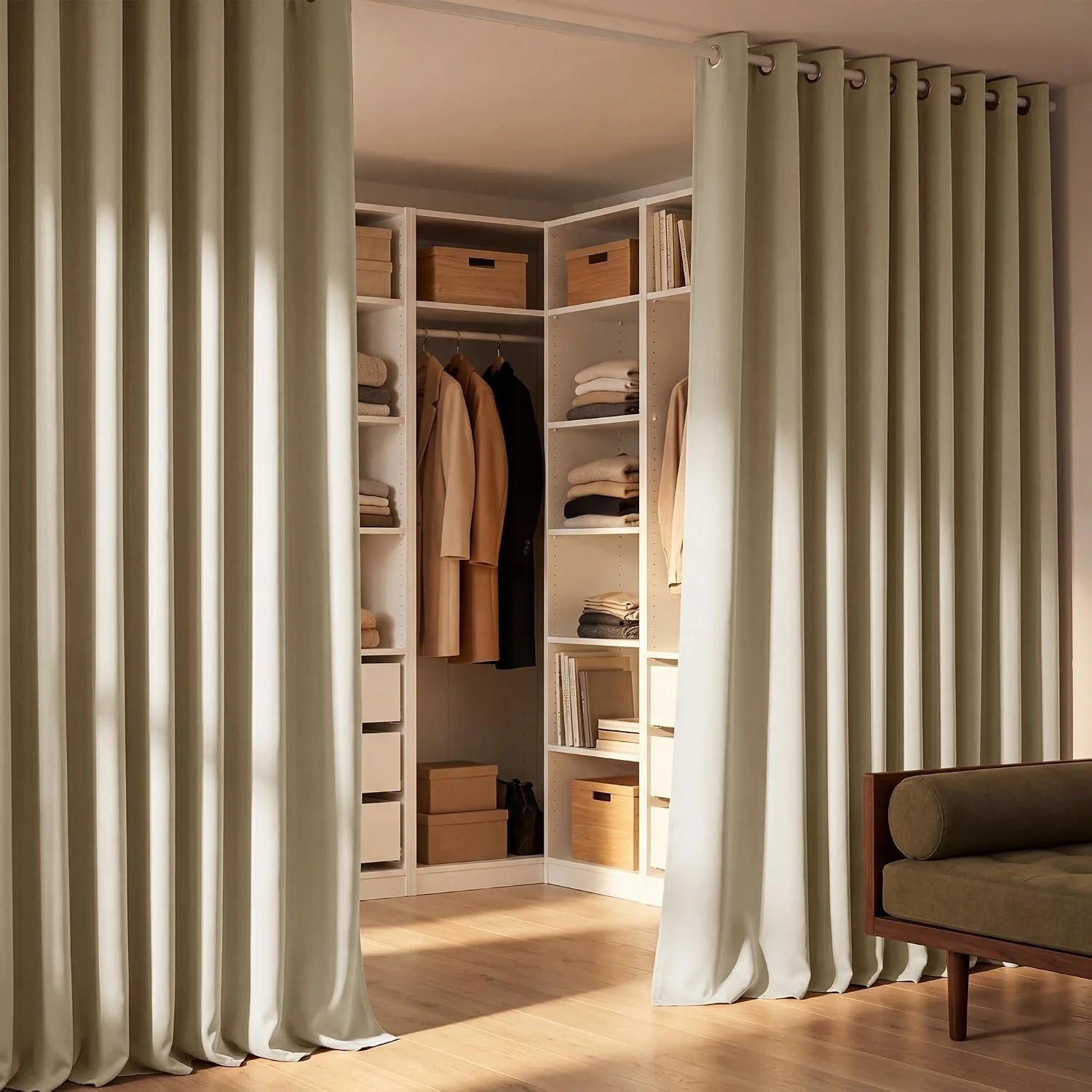 Beige room divider curtains concealing a modern white corner closet system