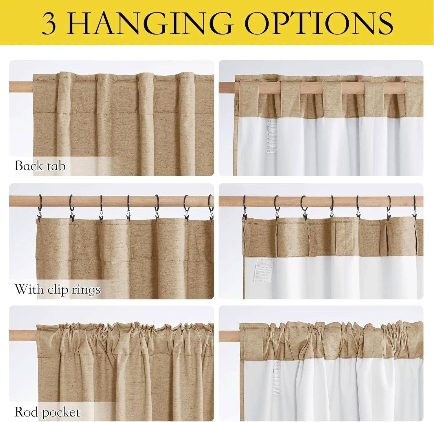 Beige linen-look curtain panel showing back tab, clip rings, and rod pocket hanging styles