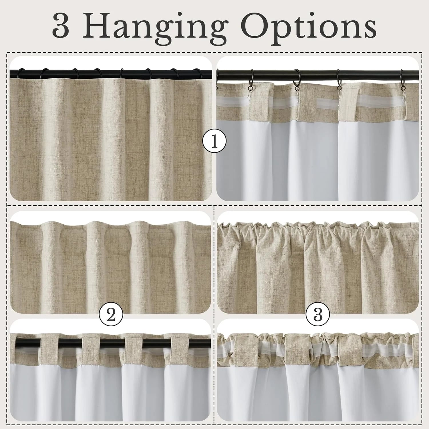 Three views of beige textured curtains demonstrating ring clip, back tab, and rod pocket hanging styles.