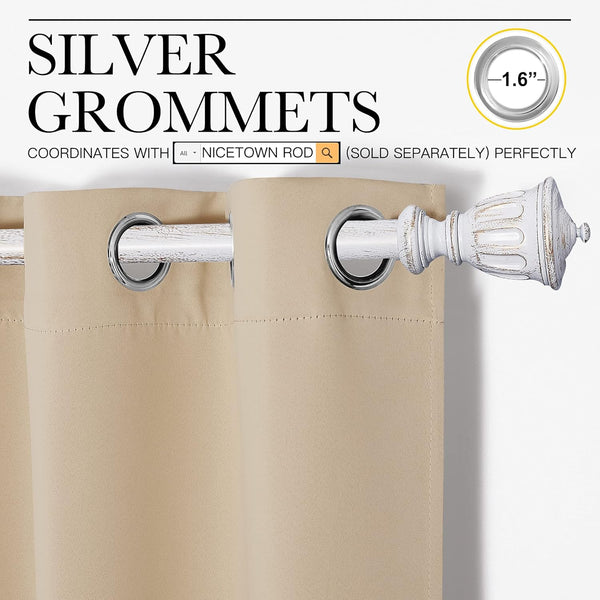 Light beige curtain panel with 1.6-inch silver grommet top, hanging on a distressed white rod.