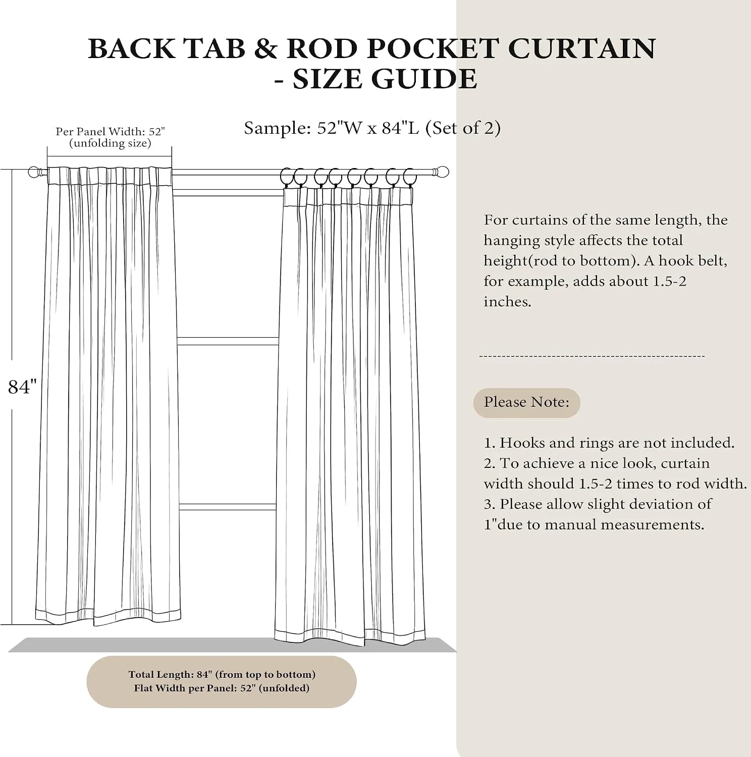 Beige back tab and rod pocket curtain size guide with panel width and length diagram