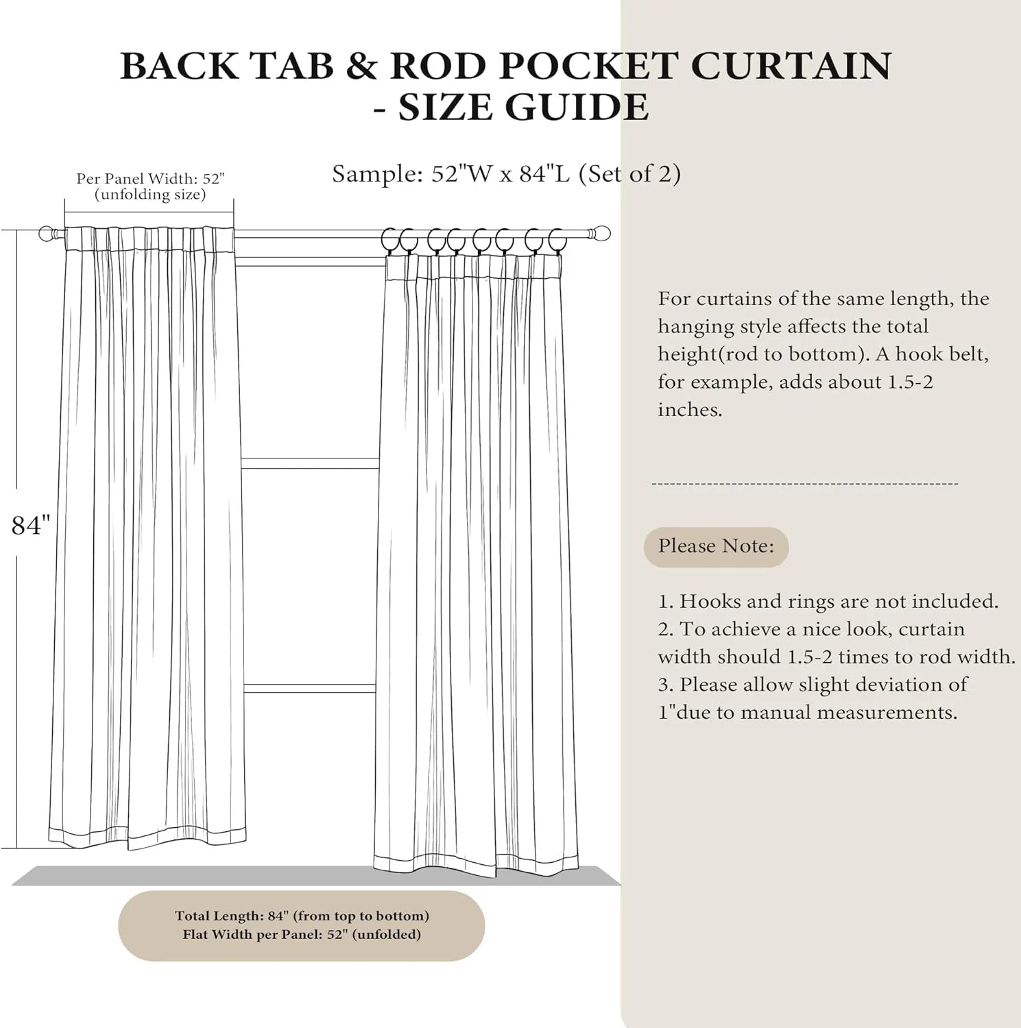 Beige curtain size guide diagram showing back tab and rod pocket panels with measurements
