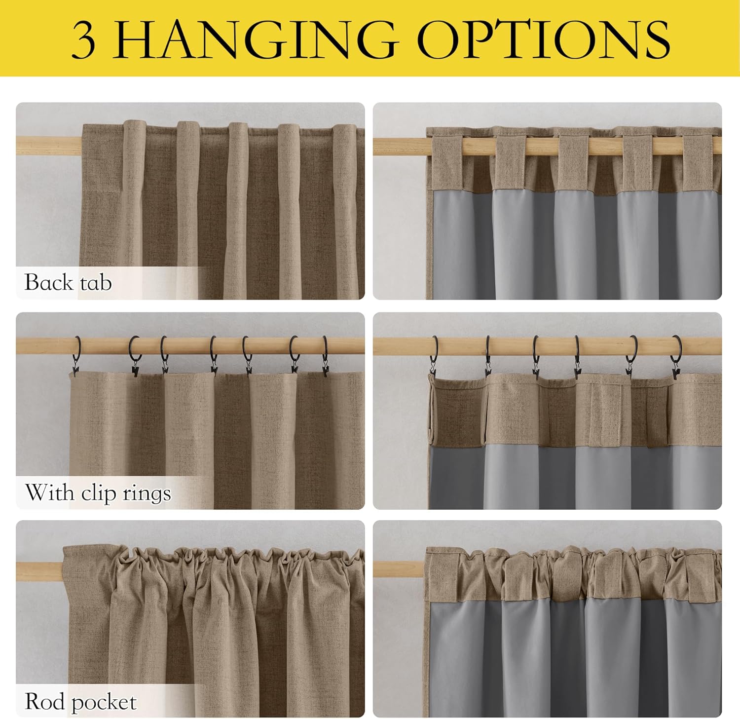 Beige linen-look curtains displaying back tab, rod pocket, and clip ring options.