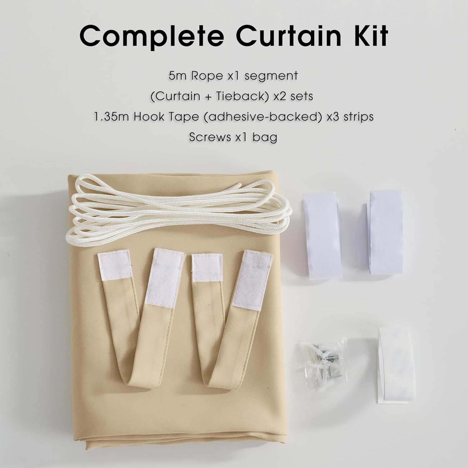 Complete beige DIY curtain kit, including fabric, white rope, tiebacks, adhesive hook tape, and screws.