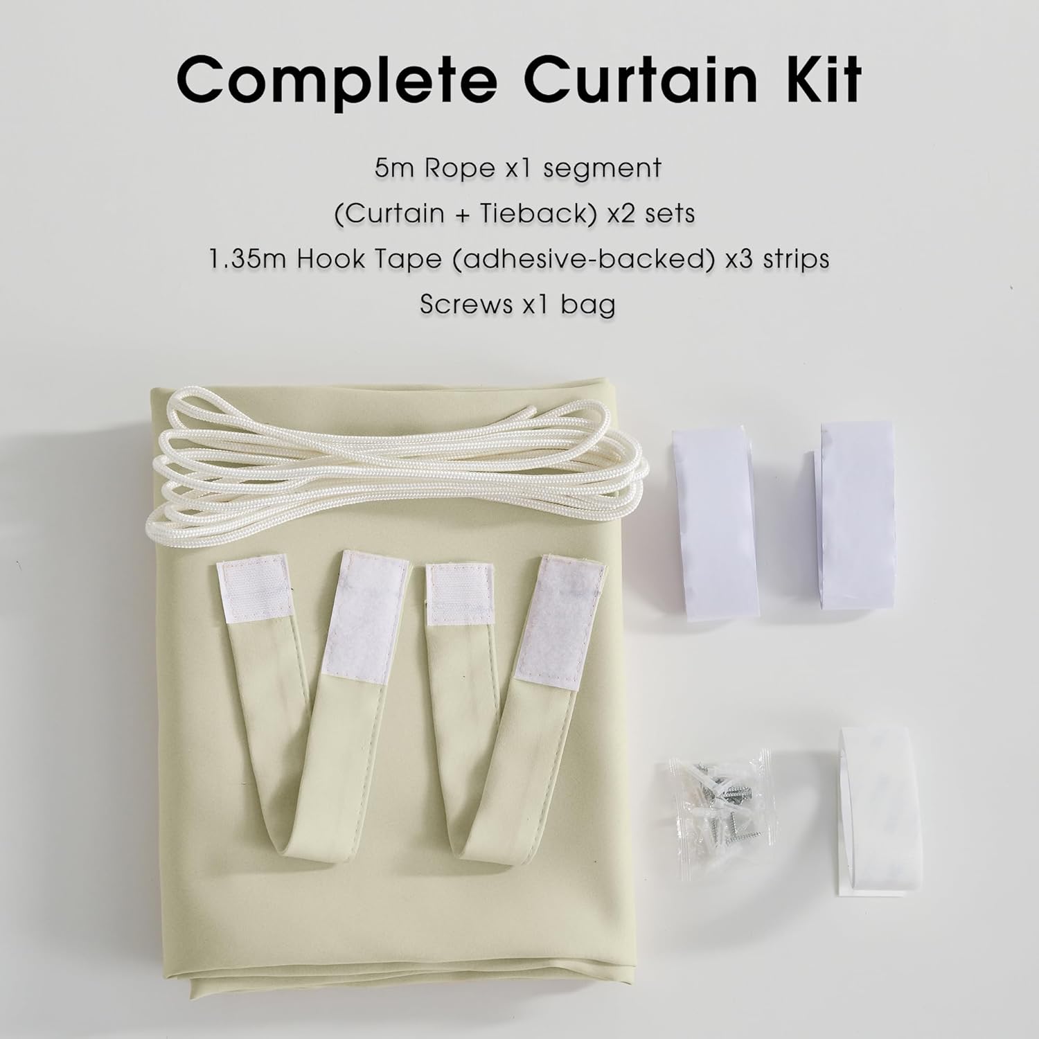 Beige complete curtain kit featuring fabric, velcro tiebacks, white rope, adhesive tape, and screws.