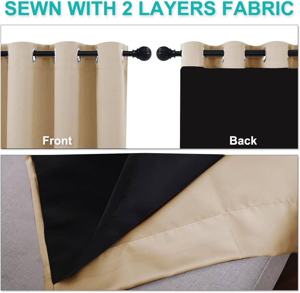 Beige double-layer grommet top curtain displaying tan front and black back fabric, designed for blackout.