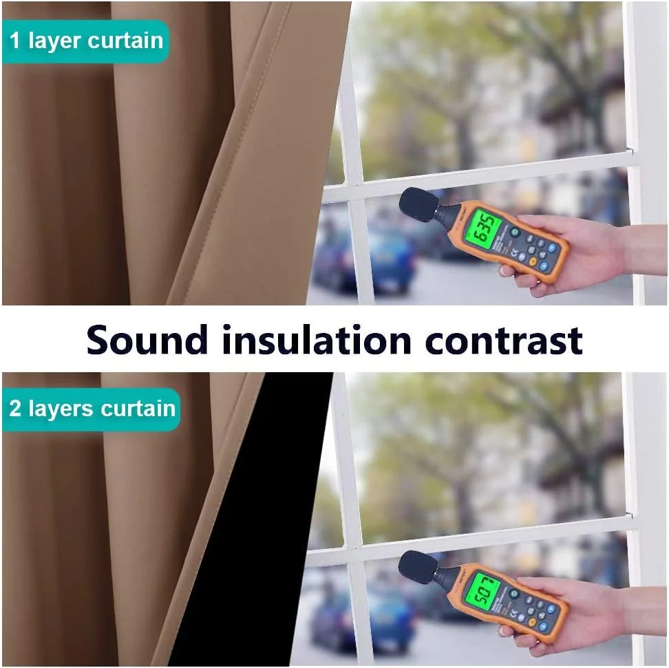 Beige curtain sound insulation comparison showing one-layer vs two-layer panel by window