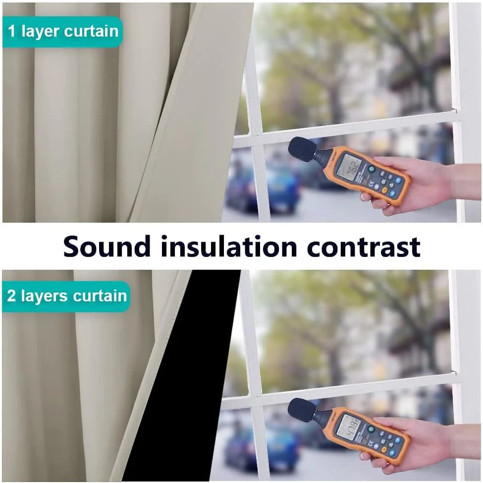 Beige curtain sound insulation comparison showing one-layer vs two-layer fabric by window