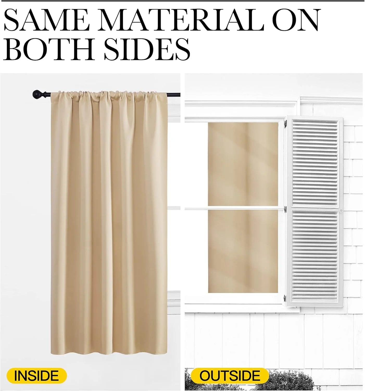 Beige blackout curtain panel shown inside and outside with same material on both sides