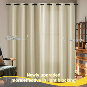 Pair of beige eco-friendly blackout curtains with grommet tops, effectively blocking light.