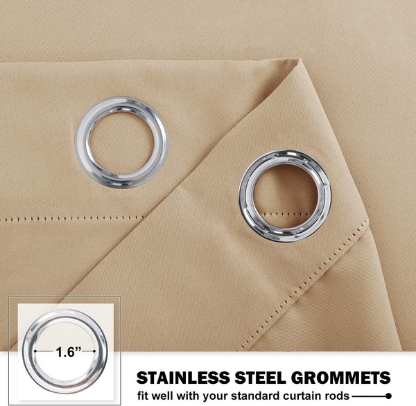 Close-up of beige fabric curtain with a 1.6-inch stainless steel grommet, perfect for standard rods.